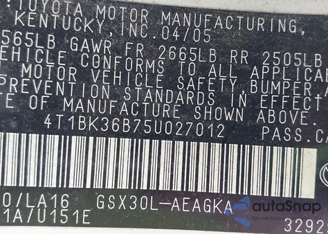 2005 Toyota Avalon Xls z USA, uszkodzony, nr VIN 4T1BK36B75U027012